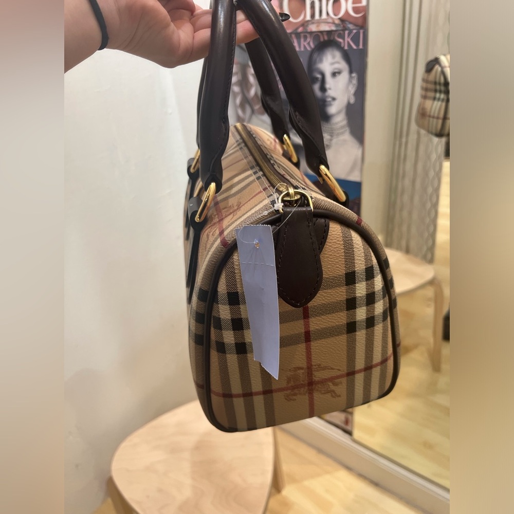 Burberry Beige Plaid Top-Handle Satchel with Dark Brown Trim - Picture 3 of 10